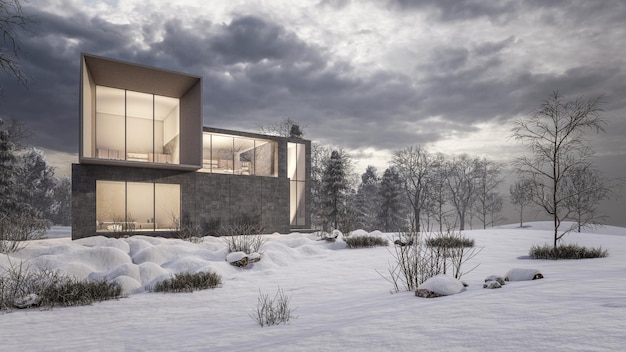 3D rendering illustration of modern house with Snow Landscape