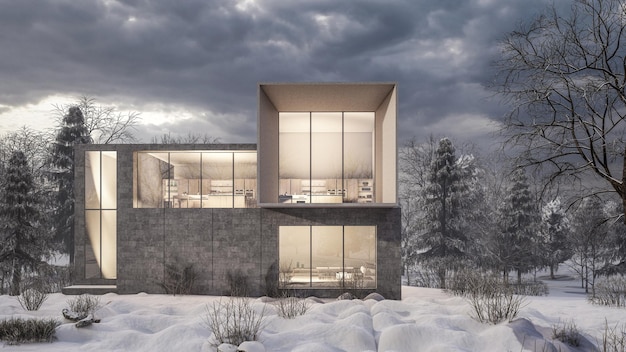 3d rendering illustration of modern minimal house on a sloping snow terrain with cloudy sky