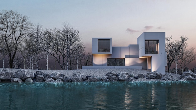 3d rendering illustration of modern minimal house with a deciduous trees and waterfront view