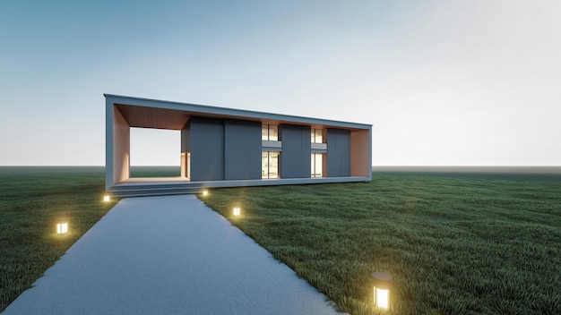 3d rendering illustration of modern minimal house with natural landscape and walkway