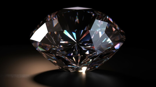 3D rendering illustration Round cut diamond on black dark glossy background AI generated