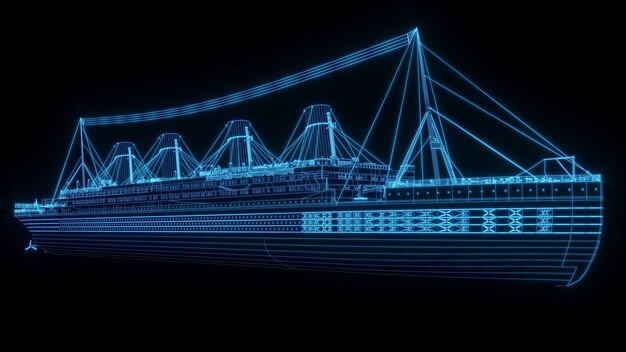 3D rendering illustration ship blueprint glowing neon hologram futuristic show technology security