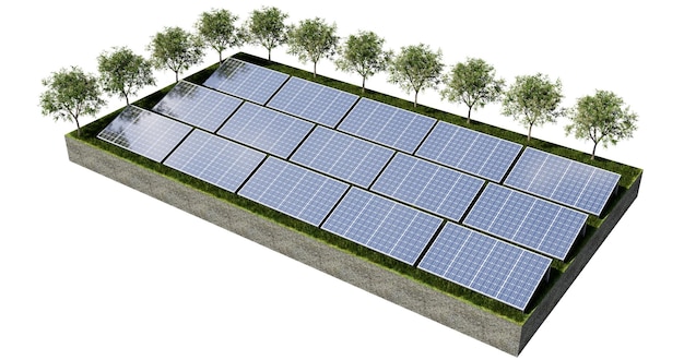 3d rendering illustration solar cells grid blue panel alternative clean green nature energy concept.