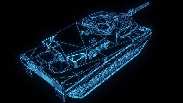 3D rendering illustration Tank blueprint glowing neon hologram futuristic show technology security