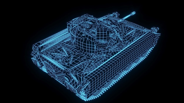 3D rendering illustration Tank blueprint glowing neon hologram futuristic show technology security