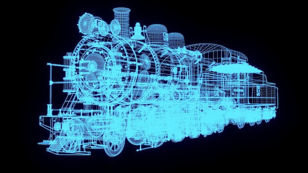 3D rendering illustration train blueprint glowing neon hologram futuristic show technology security