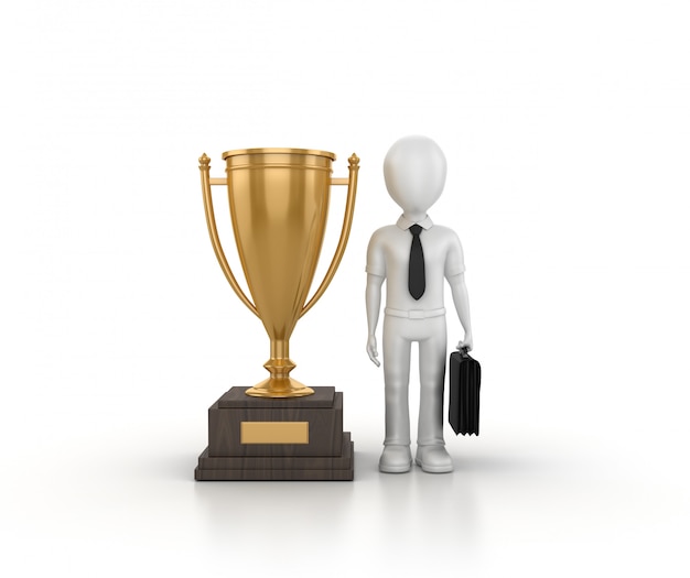 3D Rendering Illustration of Trophy with Cartoon Business Person