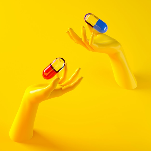 3d rendering illustration of two hands holding different pills capsules