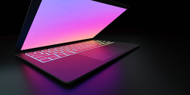 3D rendering illustration. Wide angle of Laptop computer with colorful screen and keyboard place in the darkroom and purple lighting. Image for presentation.