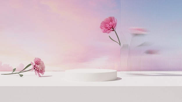 3D rendering image illustration of empty space podium display for product mockup flower background