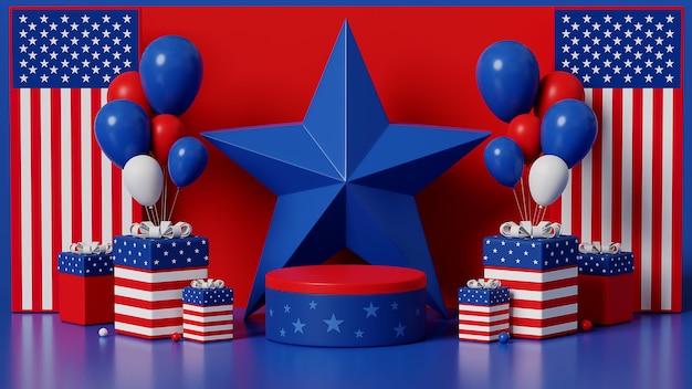 3d rendering image light blue star in the middle red background mockup podium display