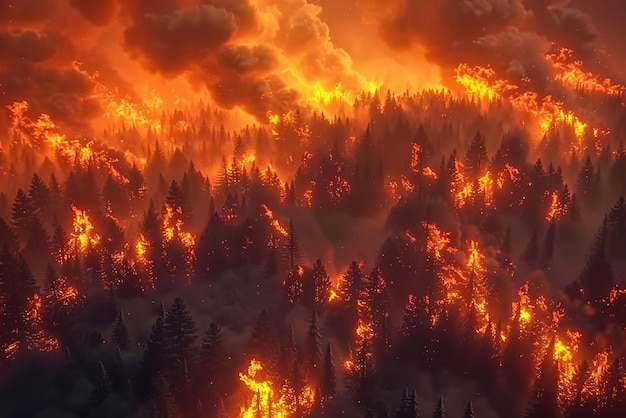 3D Rendering image of widespread forest fires causing pollution and global warming