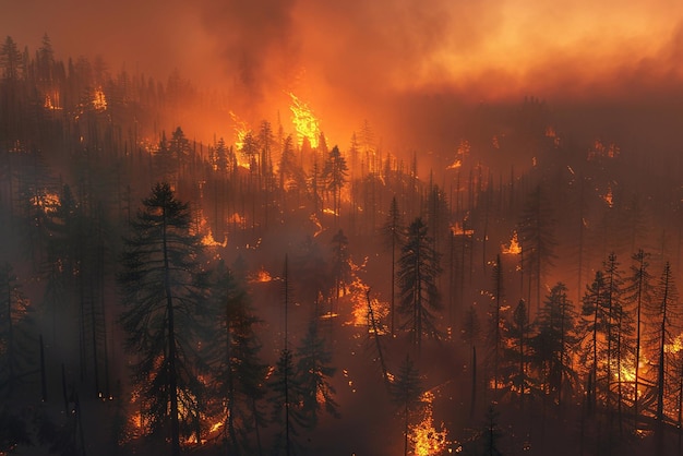 3D Rendering image of widespread forest fires causing pollution and global warming