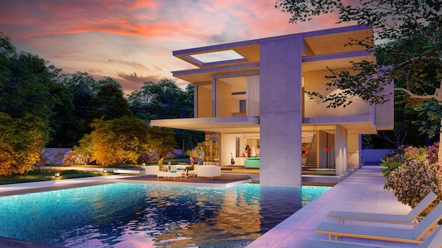 3D rendering of an impressive contemporary villa with garden and pool at dusk