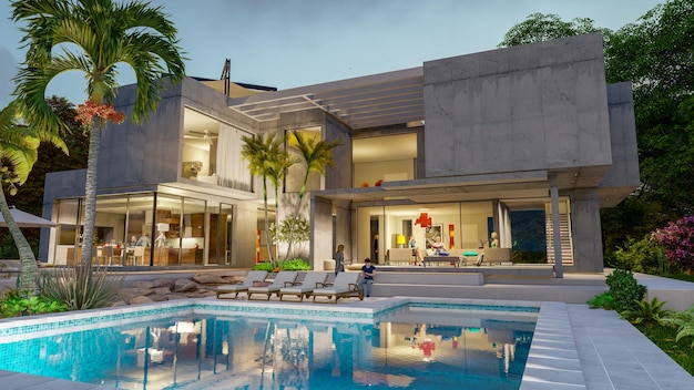 3D rendering of an impressive contemporary villa with garden and pool at dusk