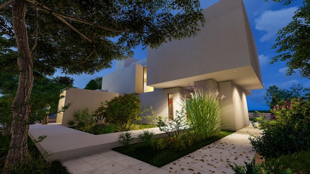 3D rendering of an impressive contemporary villa with lush garden at dusk