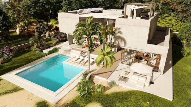 3D rendering of an impressive modern villa with solar panels aerial view