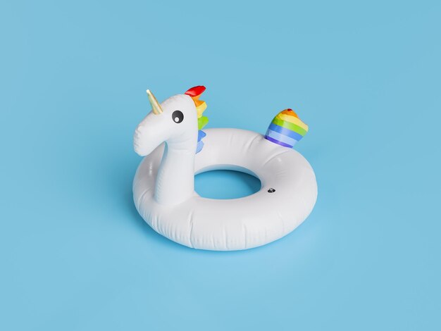 3D rendering of an inflatable unicorn float on a blue studio background pool party concept