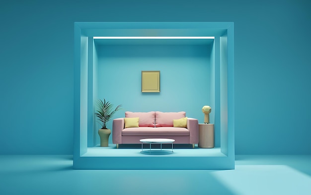 3d rendering of interior living room in cube shape with sofa and coffee table on blue background