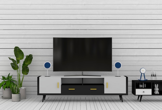 3D rendering of interior modern living room with Smart TV, cabinet, and decorations.