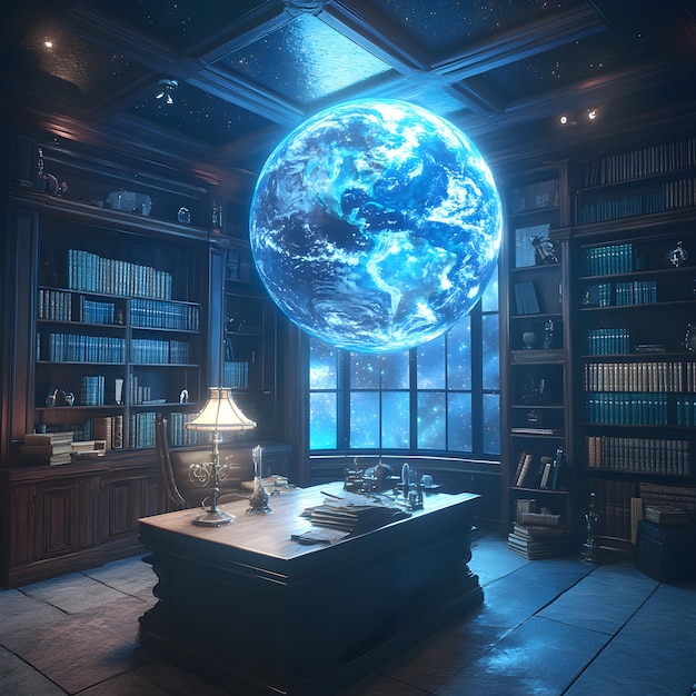 3d rendering of the interior of an old library with a blue planet