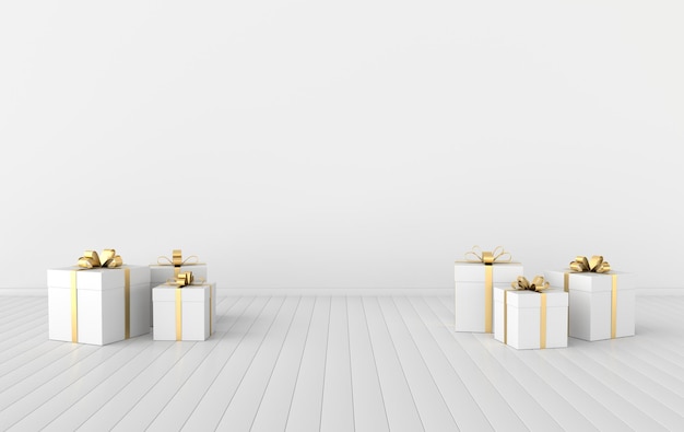 3d rendering of interior with white gift box with golden ribbon bow Set of present boxes