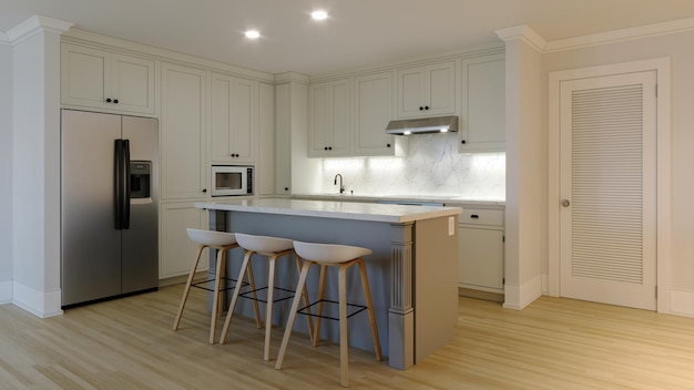 3d rendering of an interior with a white kitchen