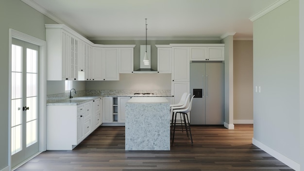 3d rendering of an interior with a white kitchen