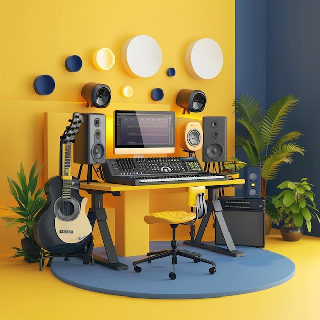 Photo 3d rendering of isolated music studio online design