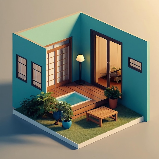 Photo 3d rendering of isometric house