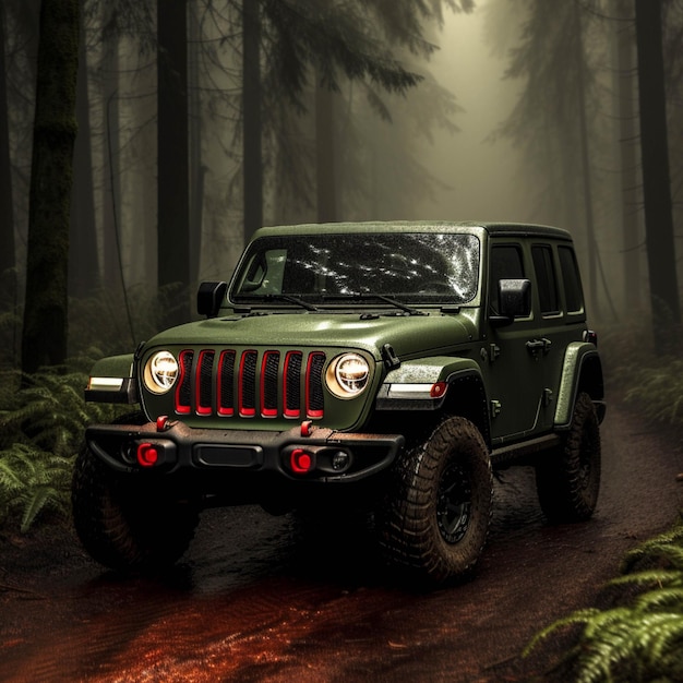 3d rendering jeep car of a green offroad vehicle in a dark forest