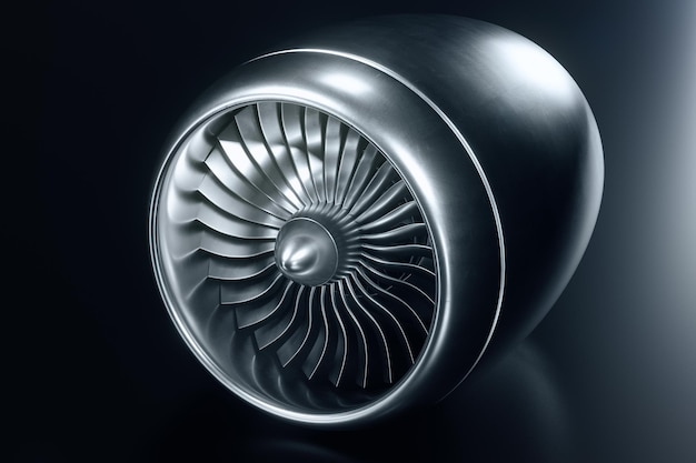 3D Rendering jet engine, close-up view jet engine blades. Blue tint.