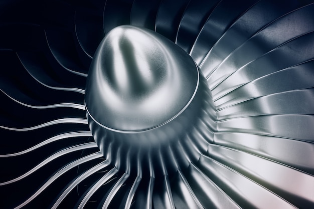 3D Rendering jet engine, close-up view jet engine blades. Blue tint.