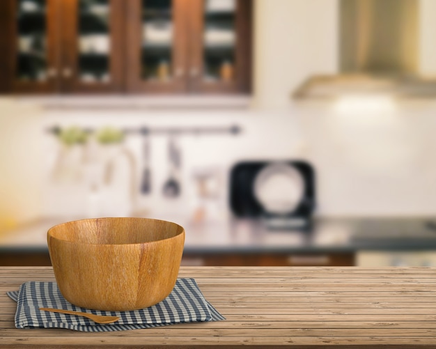 3d rendering kitchenware on wooden counter with kitchen blurred background