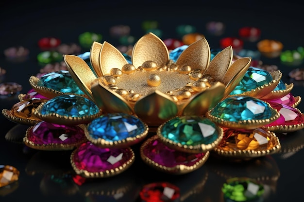 3D rendering of a large blooming golden lotus with gemstones on it