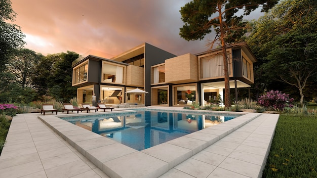 3D rendering of a large modern contemporary house in wood and concrete in early evening