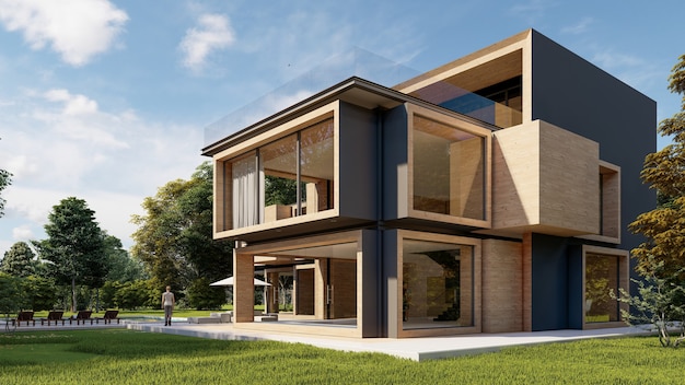 3D rendering of a large modern contemporary house in wood and concrete