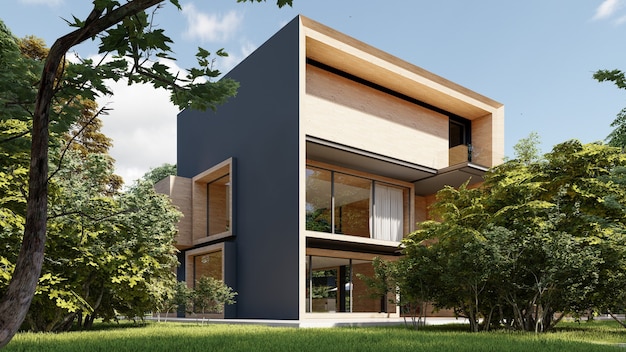 3D rendering of a large modern contemporary house in wood and concrete