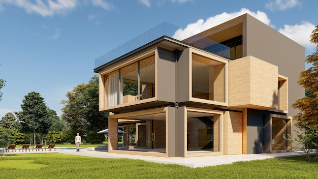 3D rendering of a large modern contemporary house in wood and concrete