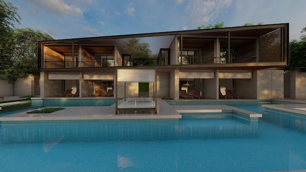 3d rendering of a large modern contemporary house in wood and concrete