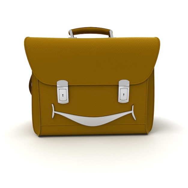 3D rendering of a leather satchel with a wide smile