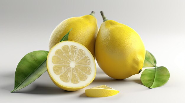 A 3d rendering of lemons with a slice of lemon