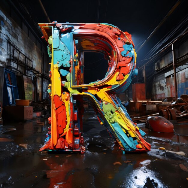 3D rendering of the letter R in an abandoned industrial building