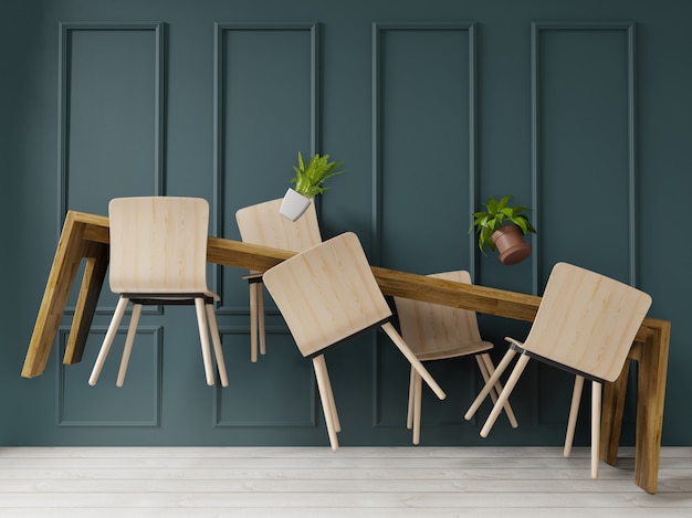 3d rendering levitation Dinning table in big room.interior design, art deco style