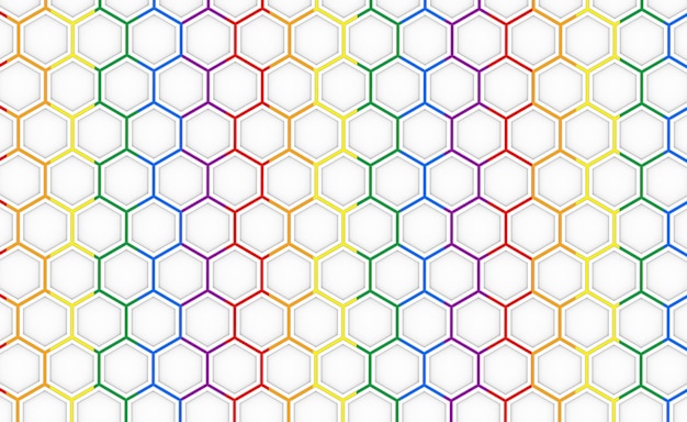 3d rendering. Lgbt rainbow color flag light on hexagon pattern mesh wall background.