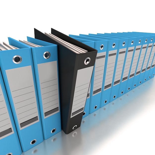 Photo 3d rendering of a line of office ring binders with one sticking out