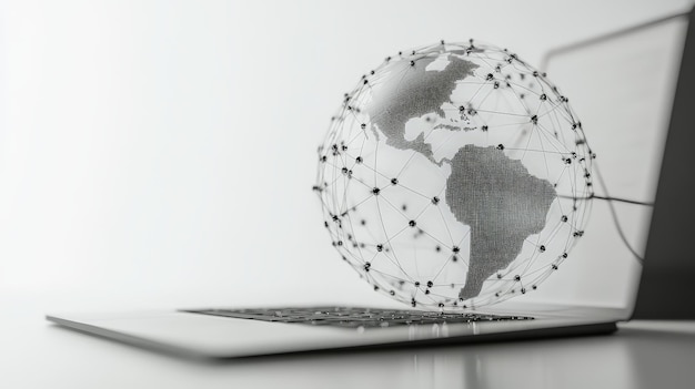 Photo 3d rendering of a linear globe connected to a laptop on a white background