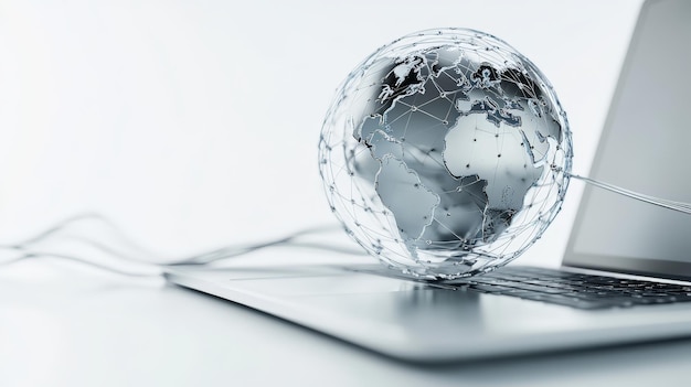 3D rendering of a linear globe connected to a laptop on a white background