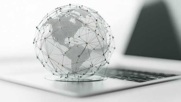 Photo 3d rendering of a linear globe connected to a laptop on a white background