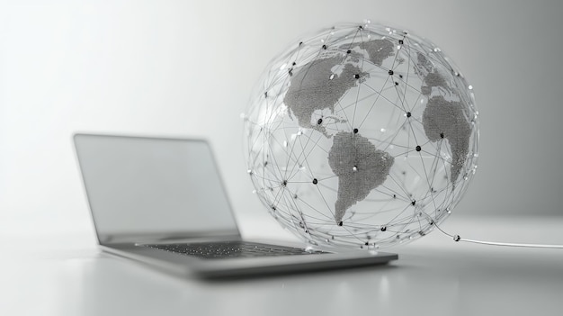 Photo 3d rendering of a linear globe connected to a laptop on a white background